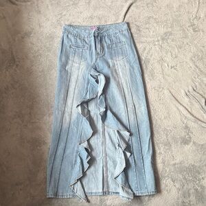 Edikted Light Blue Flare Jeans with Ruffle Detail